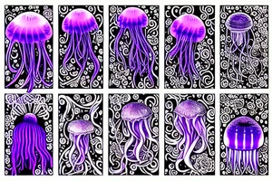 Jellyfish, jasmine flower, wildflowers, purple ultraviolet light, mechanical, master, tentacles, cogs, close up tattoo idea