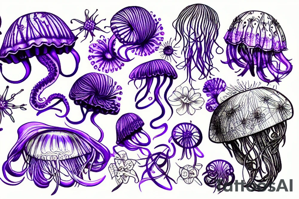 Jellyfish, jasmine flower, wildflowers, purple ultraviolet light, mechanical, master, tentacles, cogs, close up tattoo idea