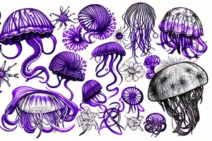 Jellyfish, jasmine flower, wildflowers, purple ultraviolet light, mechanical, master, tentacles, cogs, close up tattoo idea