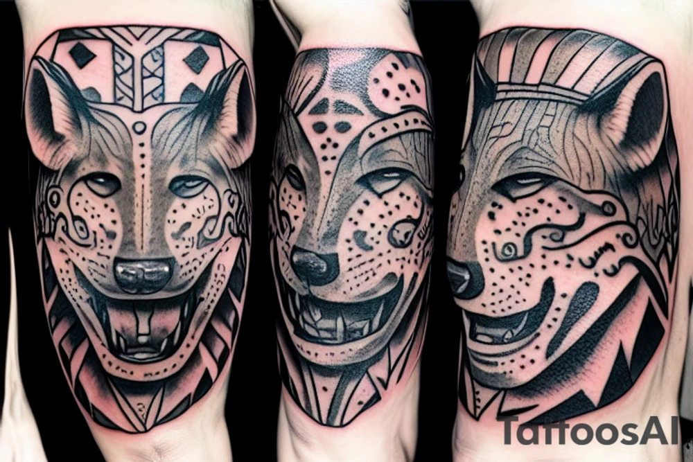 Shaman wearing a hyena head helmet tattoo idea