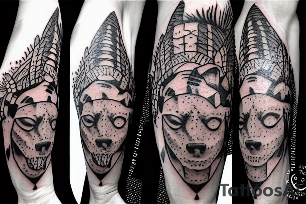 Shaman wearing a hyena head helmet tattoo idea
