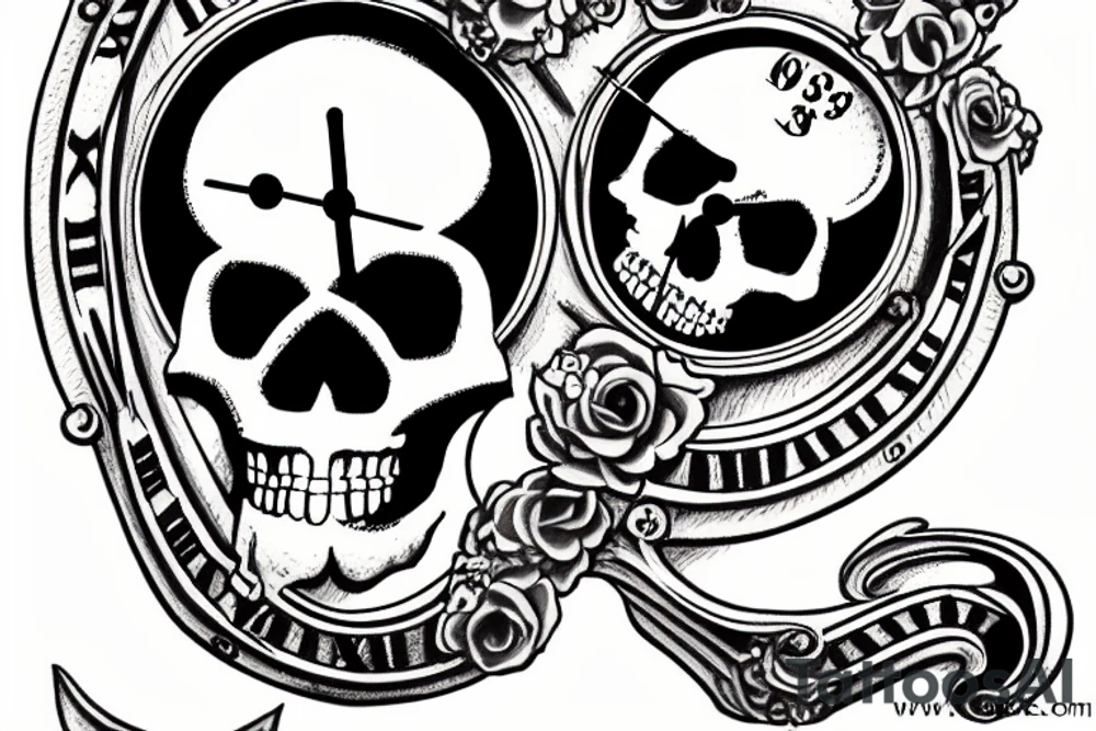 skull and bones with clock roman numerals date 3-23-2016. Name Baylie in a scroll. Chest and Shoulder tattoo idea