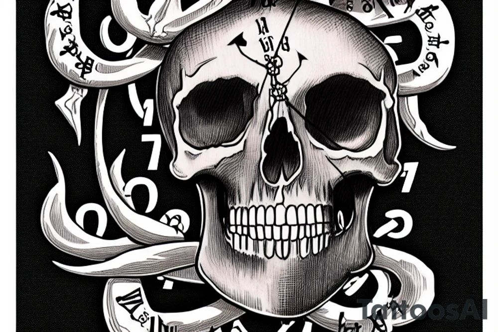 skull and bones with clock roman numerals date 3-23-2016. Name Baylie in a scroll. Chest and Shoulder tattoo idea