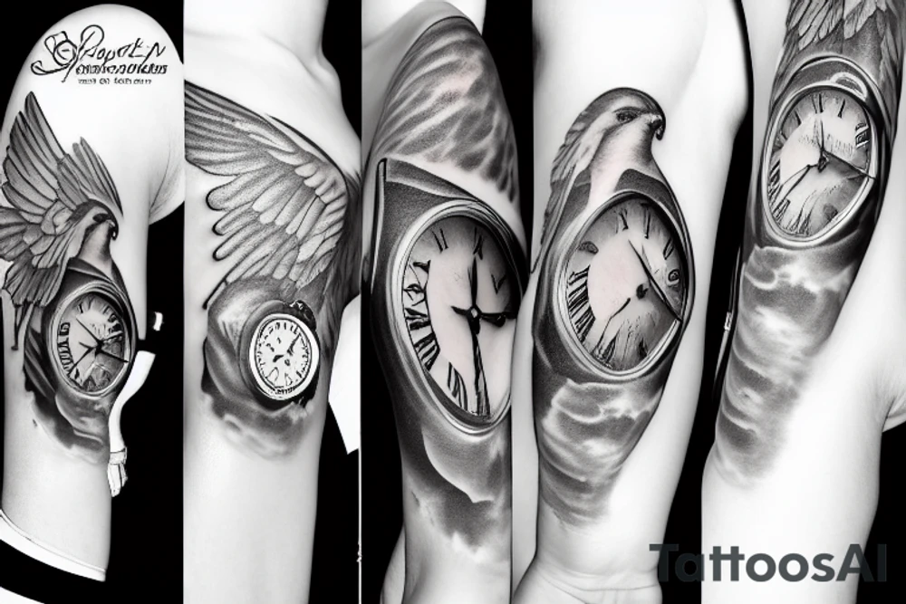 Angel holding a watch in the sky tattoo idea
