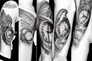 Angel holding a watch in the sky tattoo idea