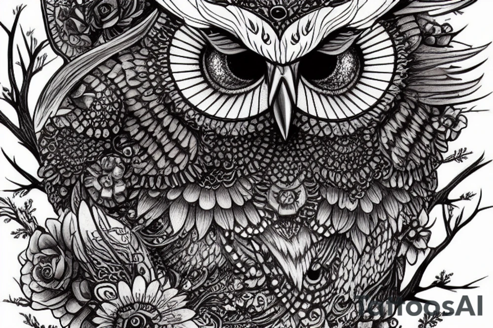 whimsical detailed fantasy owl with flowers with glitter black, sitting on a bed of thorns, muted colors. intricate extremely detailed hyperdetailed Diego Gisbert Llorens fantasy tattoo idea