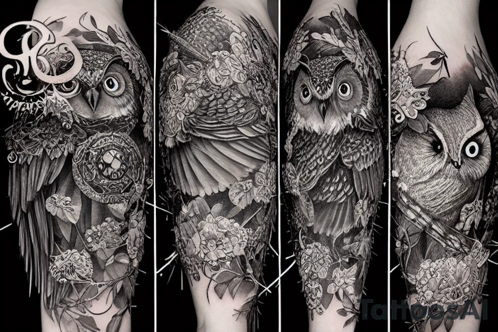 whimsical detailed fantasy owl with flowers with glitter black, sitting on a bed of thorns, muted colors. intricate extremely detailed hyperdetailed Diego Gisbert Llorens fantasy tattoo idea