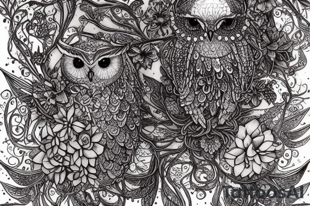 whimsical detailed fantasy owl with flowers with glitter black, sitting on a bed of thorns, muted colors. intricate extremely detailed hyperdetailed Diego Gisbert Llorens fantasy tattoo idea