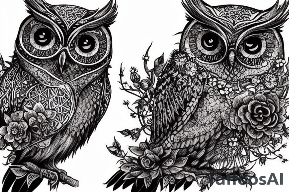 whimsical detailed fantasy owl with flowers with glitter black, sitting on a bed of thorns, muted colors. intricate extremely detailed hyperdetailed Diego Gisbert Llorens fantasy tattoo idea