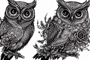 whimsical detailed fantasy owl with flowers with glitter black, sitting on a bed of thorns, muted colors. intricate extremely detailed hyperdetailed Diego Gisbert Llorens fantasy tattoo idea