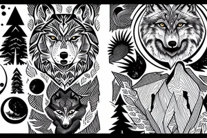 wolf seeing the moon, blak trees as background tattoo idea