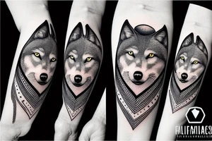 wolf seeing the moon, black trees as background tattoo idea
