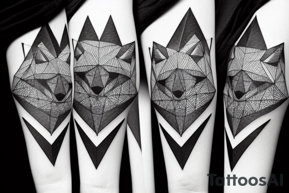 geometric wolf seeing the moon, black trees as background tattoo idea