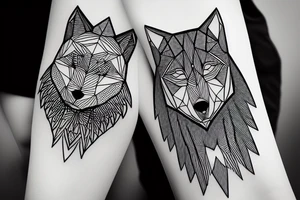 geometric wolf seeing the moon, black trees as background tattoo idea