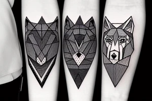 geometric wolf seeing the moon, black trees as background tattoo idea