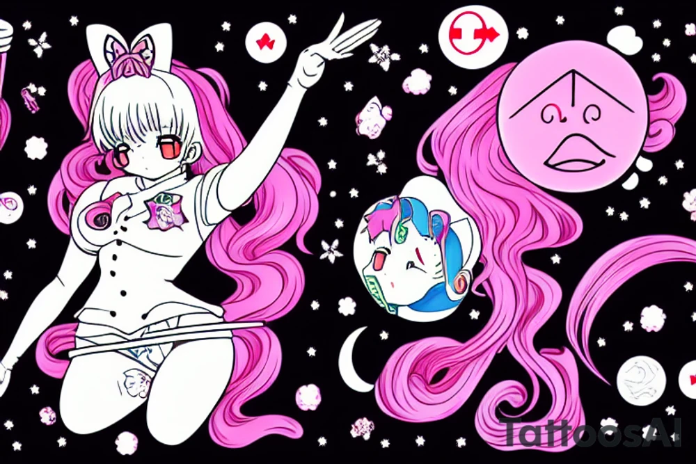 anime with long pink hair pinup girl riding a rocket give a peace sign japanese girl Usagi Tsukino digital art Kaede tattoo idea