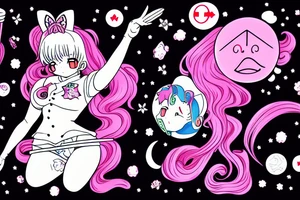anime with long pink hair pinup girl riding a rocket give a peace sign japanese girl Usagi Tsukino digital art Kaede tattoo idea