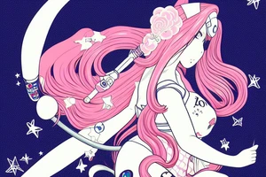 anime with long pink hair pinup girl riding a rocket give a peace sign japanese girl Usagi Tsukino digital art Kaede tattoo idea