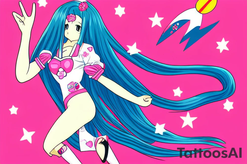 anime with long pink hair pinup girl riding a rocket give a peace sign japanese girl Usagi Tsukino digital art Kaede tattoo idea