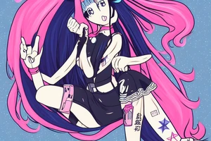 anime with long pink hair pinup girl riding a rocket give a peace sign japanese girl Usagi Tsukino digital art Kaede tattoo idea