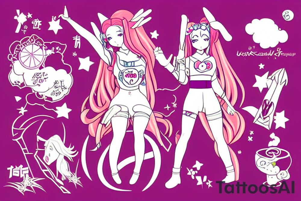 anime with long pink hair pinup girl riding a rocket give a peace sign japanese girl Usagi Tsukino digital art Kaede tattoo idea