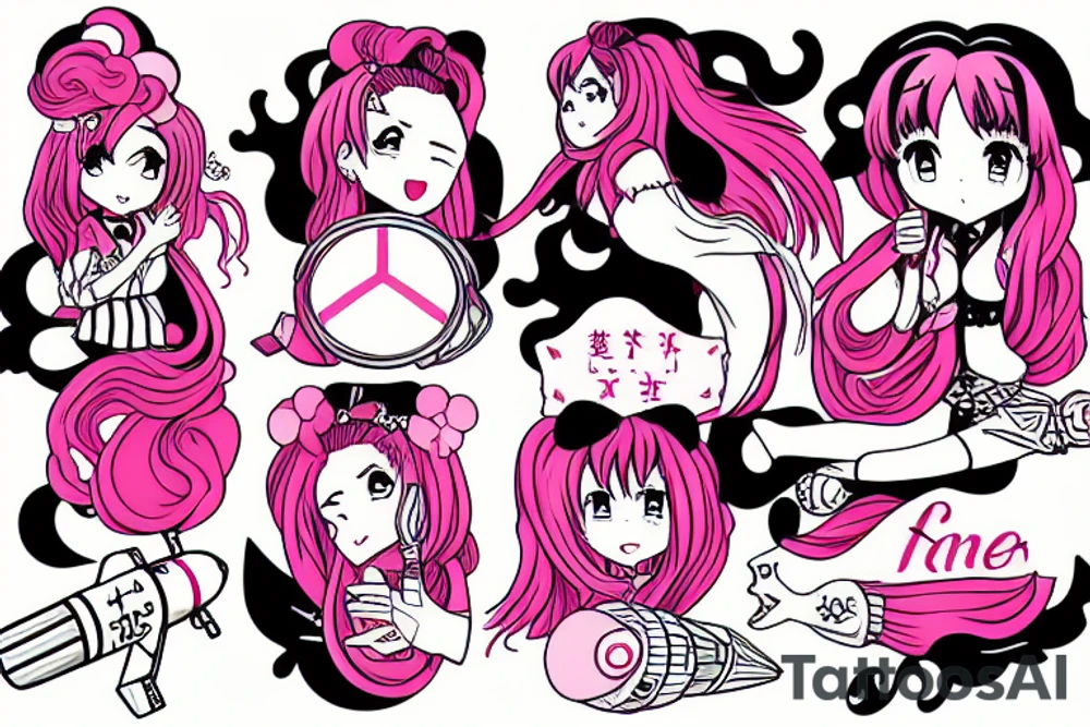 anime with long pink hair pinup girl riding a rocket give a peace sign japanese girl Kaede tattoo idea