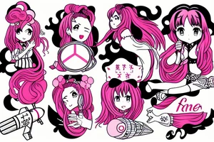 anime with long pink hair pinup girl riding a rocket give a peace sign japanese girl Kaede tattoo idea
