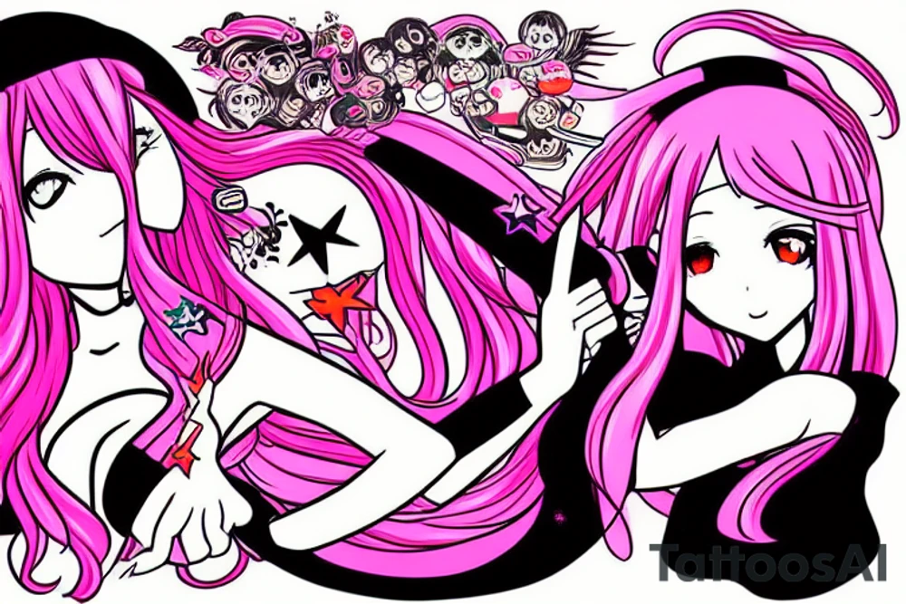 anime with long pink hair pinup girl riding a rocket give a peace sign japanese girl Kaede tattoo idea