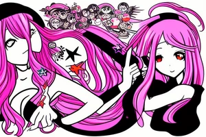 anime with long pink hair pinup girl riding a rocket give a peace sign japanese girl Kaede tattoo idea