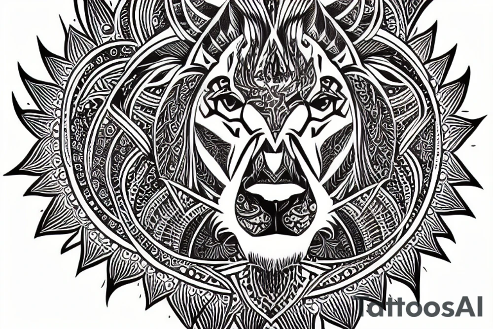 Mandala lion shoulder desing with pentagones tattoo idea