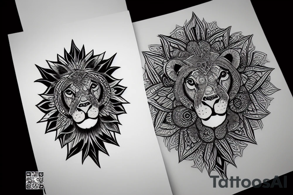 Mandala lion shoulder desing with pentagones tattoo idea