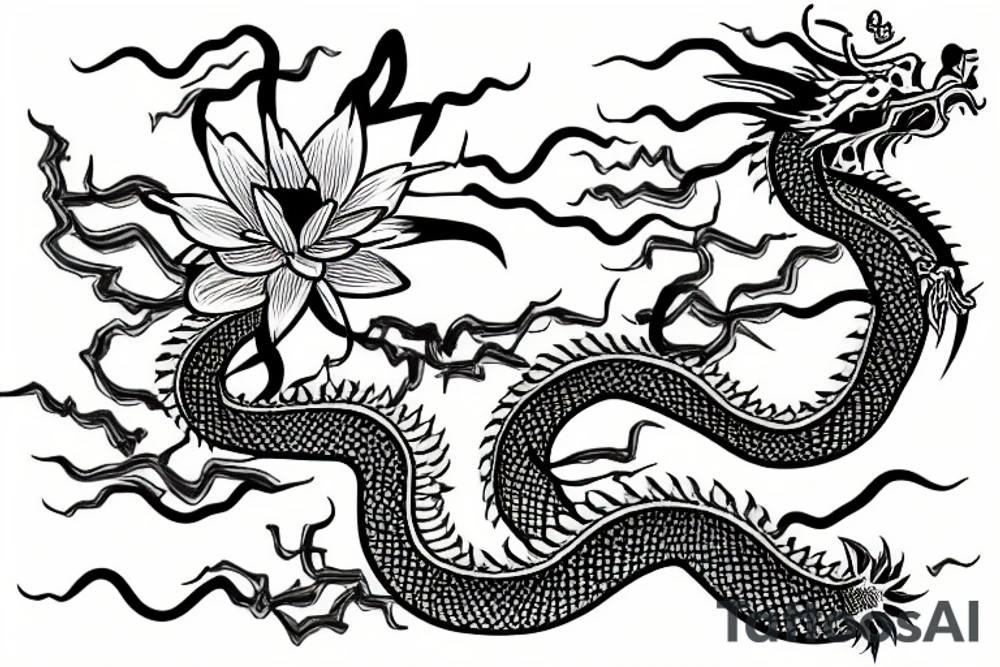 Lotus flower and a lily Chinese dragon tattoo idea