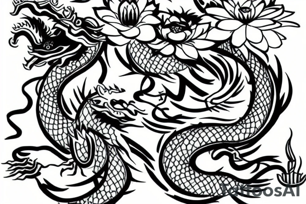 Lotus flower and a lily Chinese dragon tattoo idea