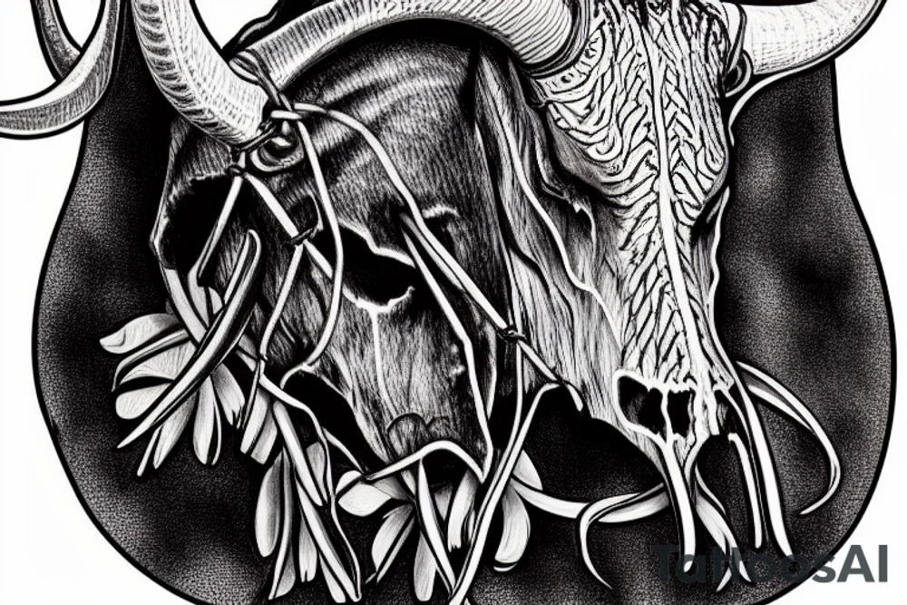 longhorn bull skull with Arizona state carved into the center of the skull. both horns are wrapped with barbed wire. the skull is lying in a small bed of daisies. tattoo idea