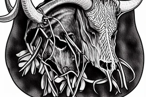 longhorn bull skull with Arizona state carved into the center of the skull. both horns are wrapped with barbed wire. the skull is lying in a small bed of daisies. tattoo idea