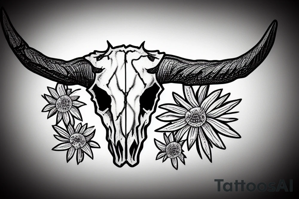 longhorn bull skull with Arizona state carved into the center of the skull. both horns are wrapped with barbed wire. the skull is lying in a small bed of daisies. tattoo idea