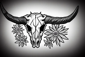 longhorn bull skull with Arizona state carved into the center of the skull. both horns are wrapped with barbed wire. the skull is lying in a small bed of daisies. tattoo idea