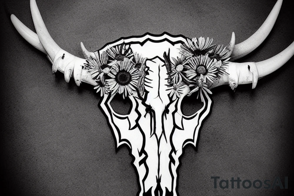 longhorn bull skull with Arizona state carved into the center of the skull. both horns are wrapped with barbed wire. the skull is lying in a small bed of daisies. tattoo idea