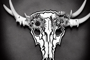 longhorn bull skull with Arizona state carved into the center of the skull. both horns are wrapped with barbed wire. the skull is lying in a small bed of daisies. tattoo idea