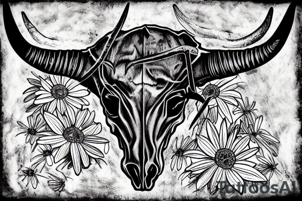 longhorn bull skull with Arizona state carved into the center of the skull. both horns are wrapped with barbed wire. the skull is lying in a small bed of daisies. tattoo idea