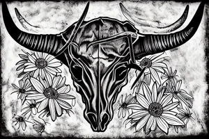 longhorn bull skull with Arizona state carved into the center of the skull. both horns are wrapped with barbed wire. the skull is lying in a small bed of daisies. tattoo idea