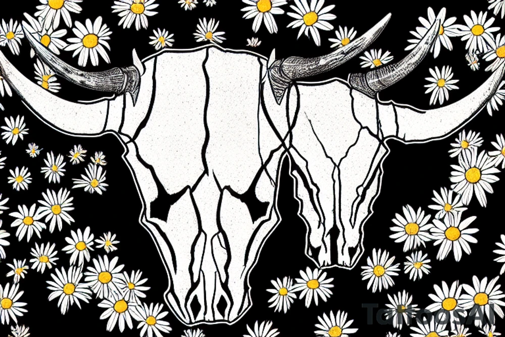 longhorn bull skull with Arizona state carved into the center of the skull. both horns are wrapped with barbed wire. the skull is lying in a small bed of daisies. tattoo idea