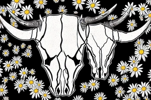 longhorn bull skull with Arizona state carved into the center of the skull. both horns are wrapped with barbed wire. the skull is lying in a small bed of daisies. tattoo idea