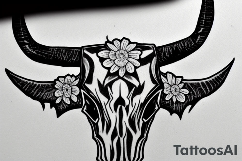 longhorn bull skull with Arizona state carved into the center of the skull. both horns are wrapped with barbed wire. the skull is lying in a small bed of daisies. tattoo idea