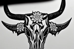 longhorn bull skull with Arizona state carved into the center of the skull. both horns are wrapped with barbed wire. the skull is lying in a small bed of daisies. tattoo idea