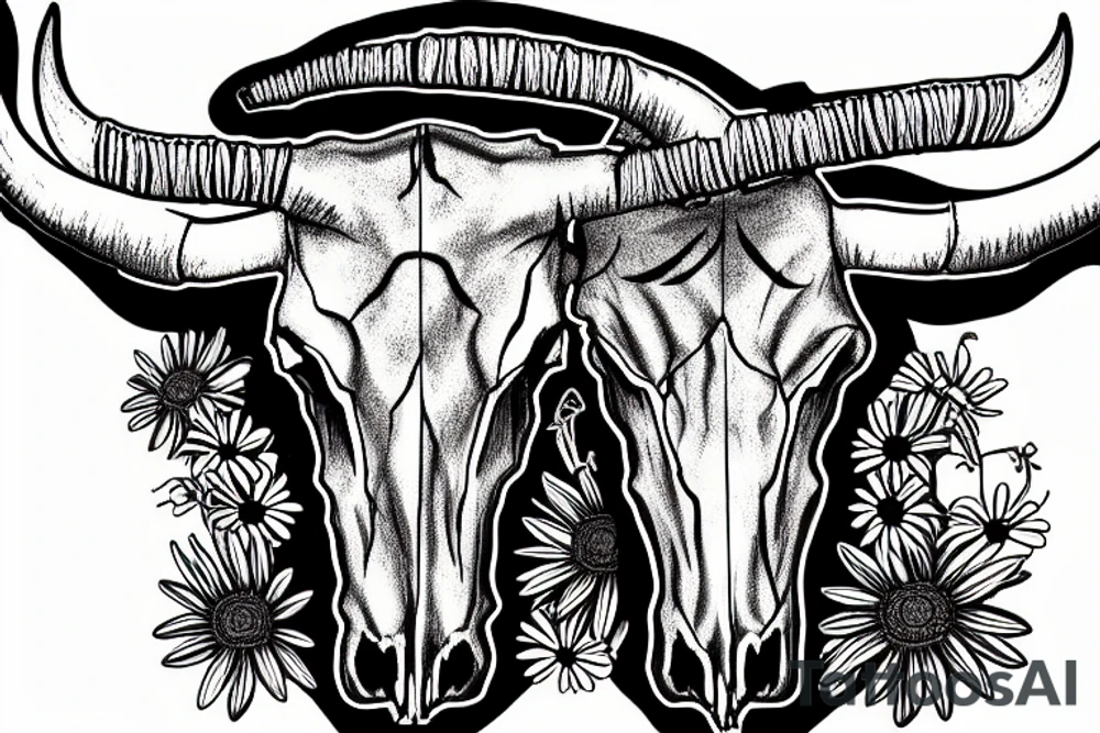 longhorn bull skull with Arizona state carved into the center of the skull. both horns are wrapped with barbed wire. the skull is lying in a small bed of daisies. tattoo idea