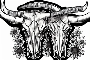 longhorn bull skull with Arizona state carved into the center of the skull. both horns are wrapped with barbed wire. the skull is lying in a small bed of daisies. tattoo idea