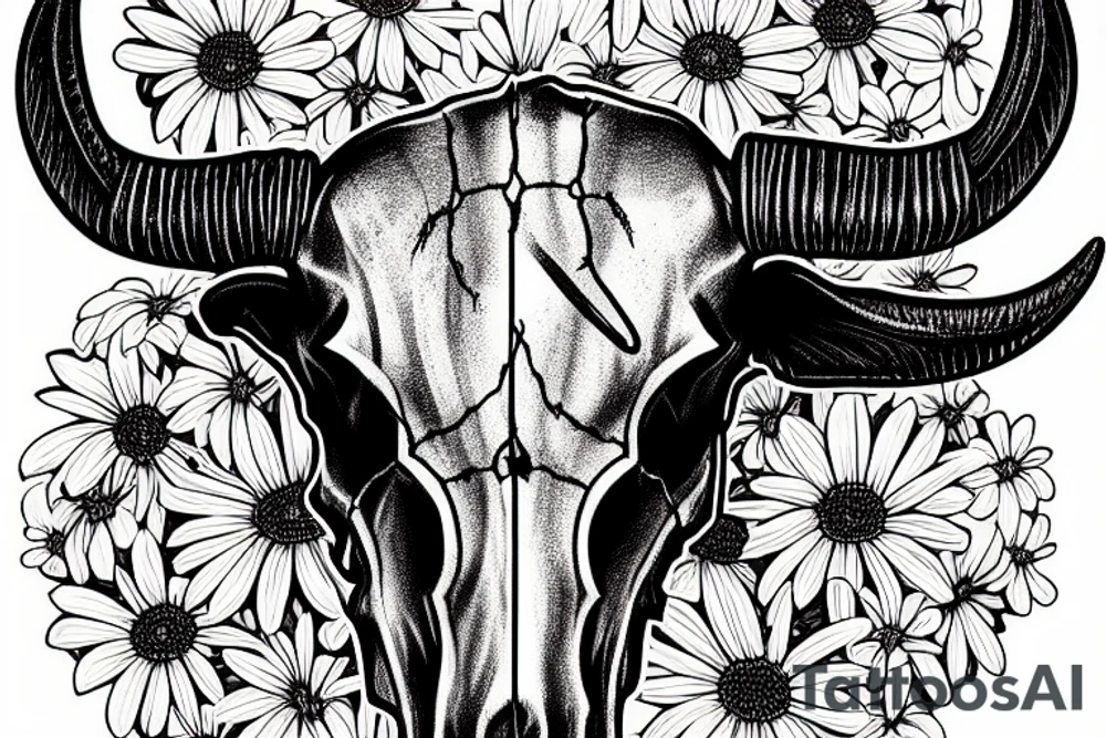 longhorn bull skull with Arizona state carved into the center of the skull. both horns are wrapped with barbed wire. the skull is lying in a small bed of daisies. tattoo idea