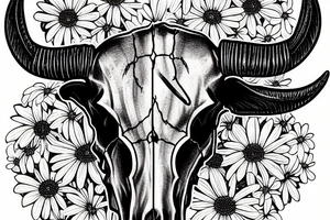 longhorn bull skull with Arizona state carved into the center of the skull. both horns are wrapped with barbed wire. the skull is lying in a small bed of daisies. tattoo idea