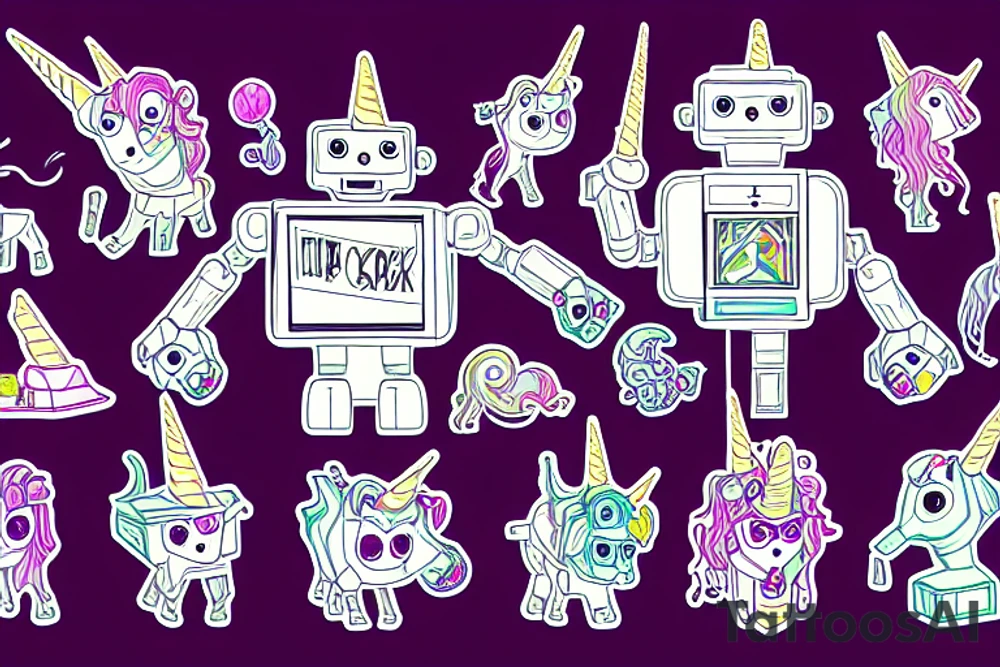 Mark Copy (the robot) next to a unicorn partying like crazy tattoo idea